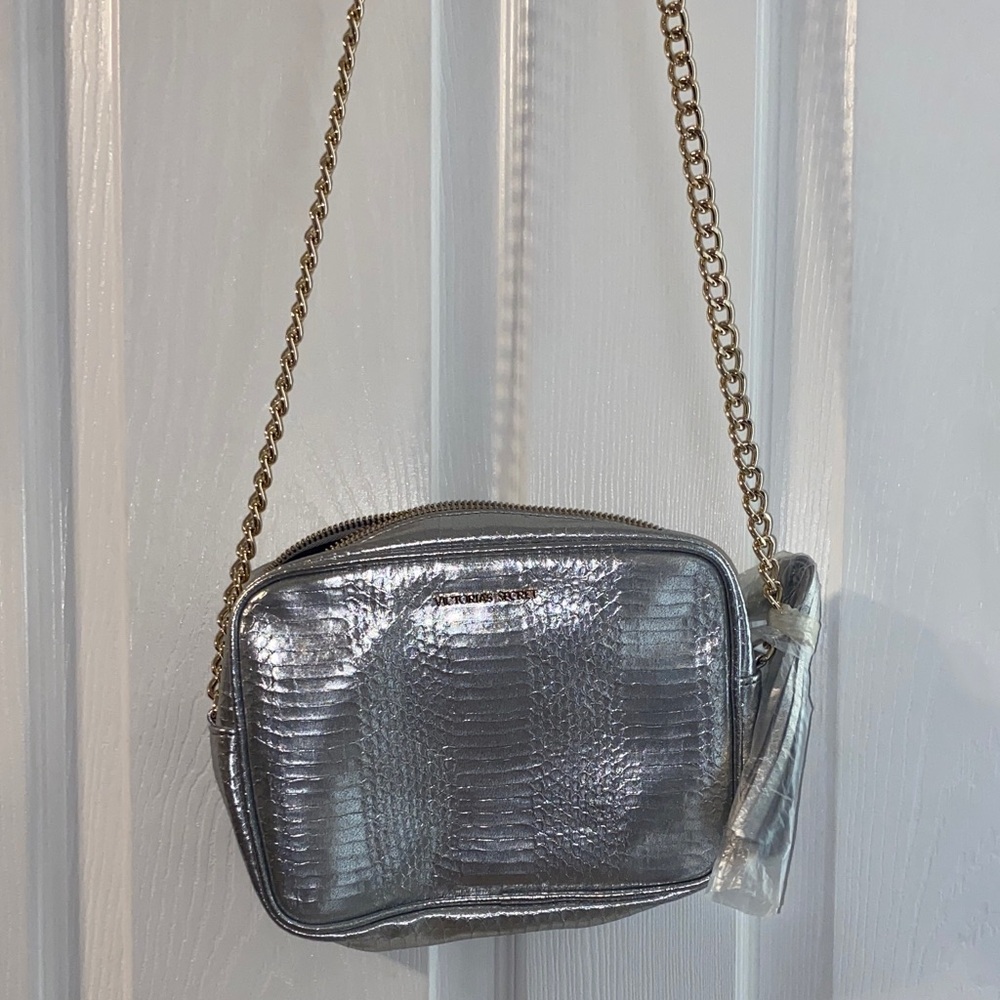 Victoria secret silver Crossbody Bag purse with tassel and chain -new- 2016